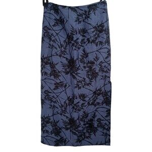 Dana Buchman Maxi Skirt Y2K Side Slit Blue Asian Print Size 4 Linen Silk Blend